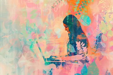 abstract background illustration with woman using laptop, summer vibes in digital art style