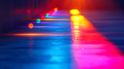 Fotobehang close-up image showcasing a creative and minimal indoor space. The scene includes playful interactions with colorful lights. These lights cast vibrant, multicolored hues across the simple, elegant roo © Tatiana