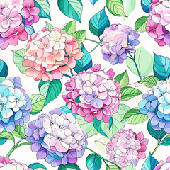 Beautiful hydrangea flower with green leaves branches seamless pattern background