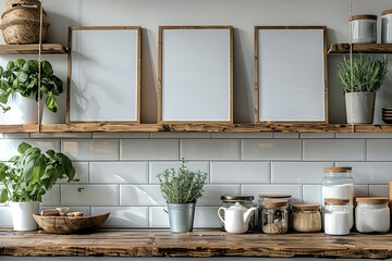 In cottage house kitchen, 3 small vertical, blank white canvas with slim, wooden frame on shelf, white wall in kitchen. Generative AI. - Powered by Adobe