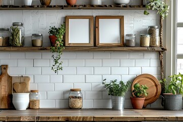 In cottage house kitchen, 3 small vertical, blank white canvas with slim, wooden frame on shelf, white wall in kitchen. Generative AI. - obrazy, fototapety, plakaty
