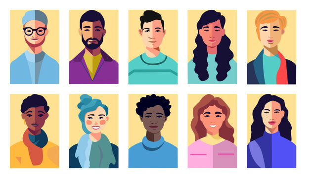 retrato de medio cuerpo de grupo de personal multiracial. Conjunto Vector de personas multicultural. Avatar de personas masculino y femenino.