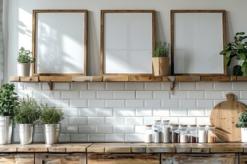 In cottage house kitchen, 3 small vertical, blank white canvas with slim, wooden frame on shelf, white wall in kitchen. Generative AI.