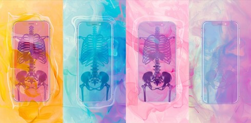 colorful smartphone devices with transparent effect skeleton on a pastel liquid background, pop style, wallpaper  trend pattern concept design