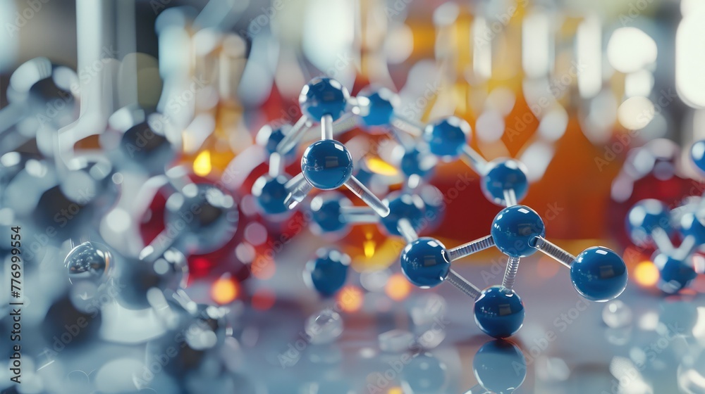 Poster Study of biochemistry with a focus on drug formulation, detailed molecular models visible. Generative AI.