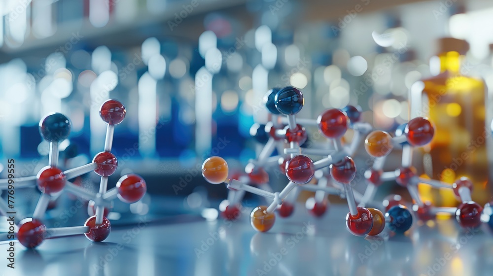 Poster study of biochemistry with a focus on drug formulation, detailed molecular models visible. generativ