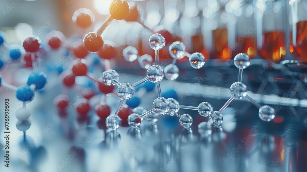 Poster study of biochemistry with a focus on drug formulation, detailed molecular models visible. generativ