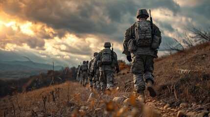 a group of soldiers carrying out border patrol on the hill - obrazy, fototapety, plakaty