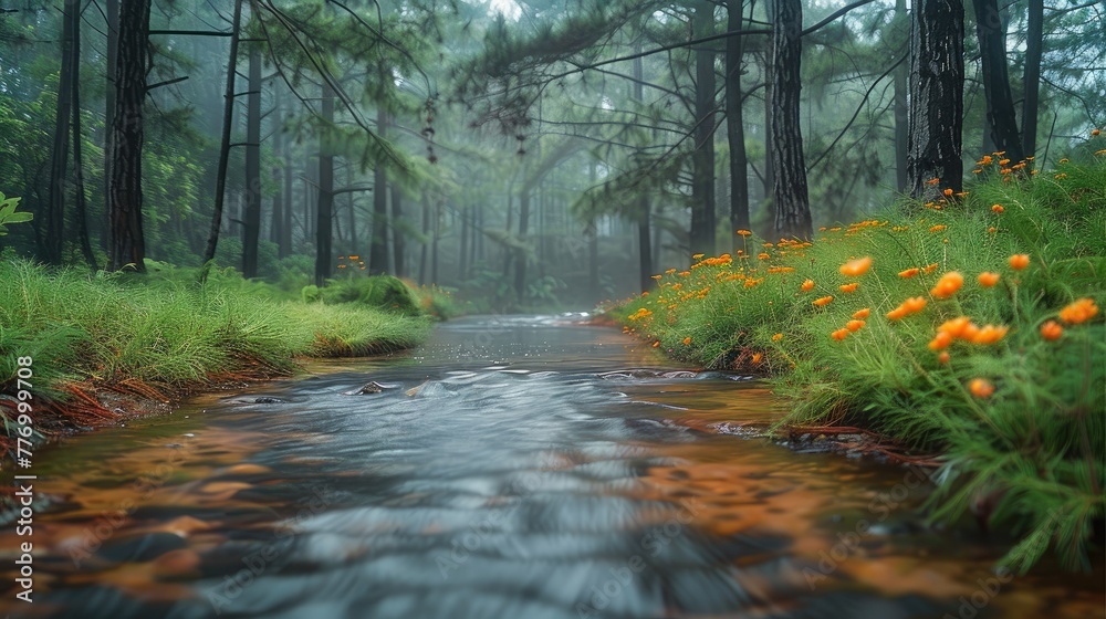 Poster along the road through the pine forest with a gently flowing stream. generative ai.
