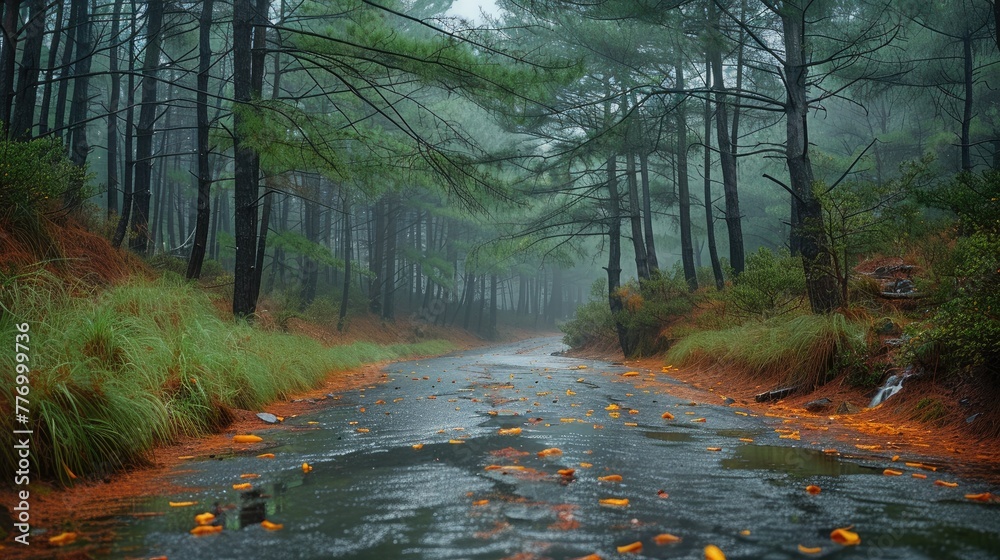Poster Along the road through the pine forest with a gently flowing stream. Generative AI.