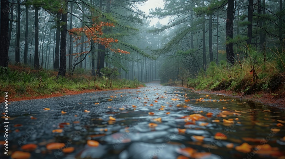 Poster Along the road through the pine forest with a gently flowing stream. Generative AI.
