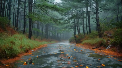 Along the road through the pine forest with a gently flowing stream. Generative AI.