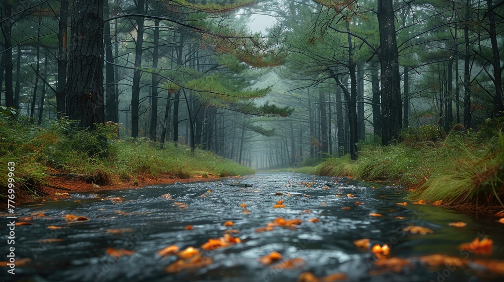 Poster along the road through the pine forest with a gently flowing stream. generative ai.