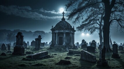 Graveyard, Eerie Scenes of Ghostly Apparitions and Haunting Atmosphere - obrazy, fototapety, plakaty