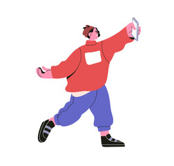 Happy smartphone user walking and using mobile phone. Smiling man holding cellphone in hand, taking photo, photographing and shooting on the go. Flat vector illustration isolated on white background