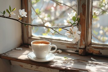 Fototapeta premium An espresso on a window bench of an open window in springtime. Generative AI.