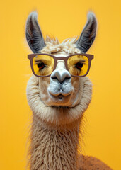 Fototapeta premium Front view photo of cute llama having brown fur wearing big glasses, isolated yellow background