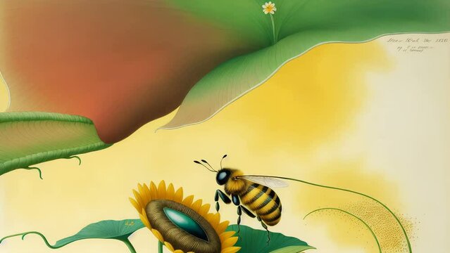 Generative ai animation of sunflowers and bees. Fantasy vintage botanical illustration 