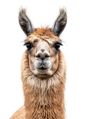 Fototapeta premium Front view of headshot of cute llama having brown fur, isolated white background