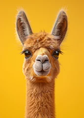 Foto op Canvas Front view of headshot of cute llama having brown fur, isolated yellow background © Instacraft.Studio