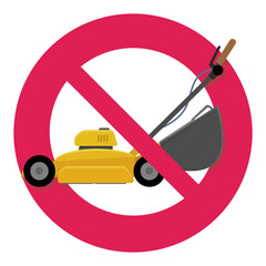 Isolated yellow lawn mower barred by the circular red prohibition symbol in flat design style (cut out)