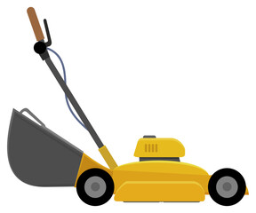 Yellow lawn mower in cutout flat design style