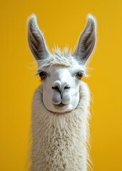 Obraz premium Front view of headshot of cute llama having white fur, isolated yellow background
