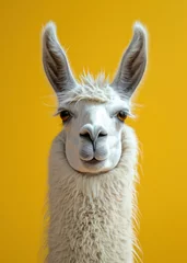 Foto auf Glas Front view of headshot of cute llama having white fur, isolated yellow background © Instacraft.Studio