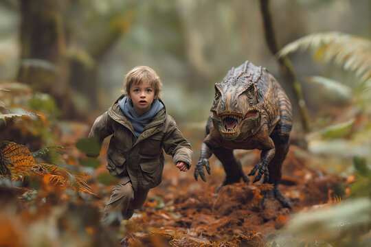 young boy running away from a dinosaurus 
