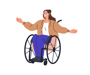 Happy young woman on wheelchair. Smiling joyful character with physical disability, sitting in wheel chair. Excited cheerful positive girl. Flat vector illustration isolated on white background - obrazy, fototapety, plakaty
