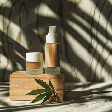 Mockup scene, cosmetic product and cannabis leaf, wooden texture