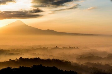 Sunrise view with Borobudur Temple silhouette 