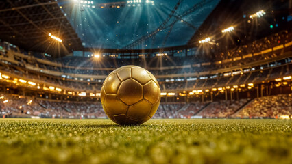 Il gioco del calcio, pallone d'oro da calcio al centro di uno stadio - obrazy, fototapety, plakaty