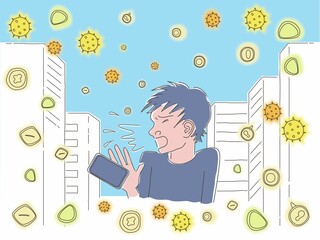 花粉が舞う街中でクシャミをする男性のイラスト