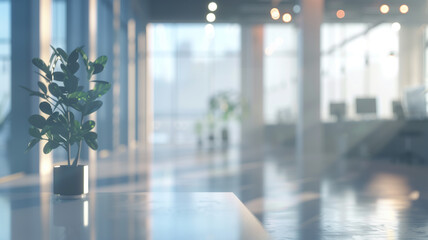 Blurred office background. Concept of bright modern office. Lighting of the office space. Plant in a gray minimalist pot on the background of a bright office