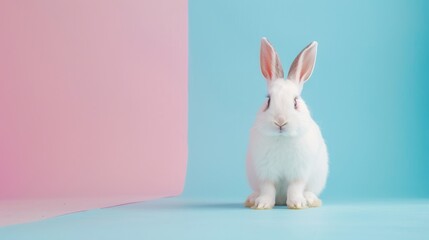 Against a backdrop of gentle pastel hues, a white rabbit stands proudly, its ears alert and upright, making it a perfect choice for Easter or pet-related designs.