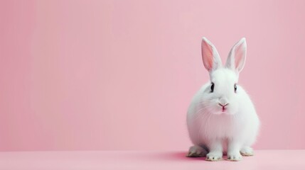 Captured against a soft pink canvas, a sweet white rabbit sits serenely, creating a delightful and minimalist studio portrait that embodies the essence of springtime themes.