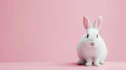 Fototapeta premium Captured against a soft pink canvas, a sweet white rabbit sits serenely, creating a delightful and minimalist studio portrait that embodies the essence of springtime themes.
