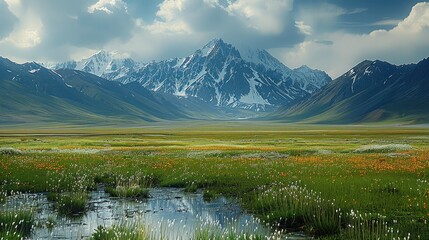 Grassland and snow-capped mountains. Generative AI.