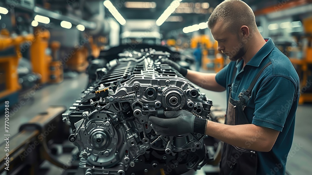 Poster Man fully Assembling truck engine at factory. Generative AI.