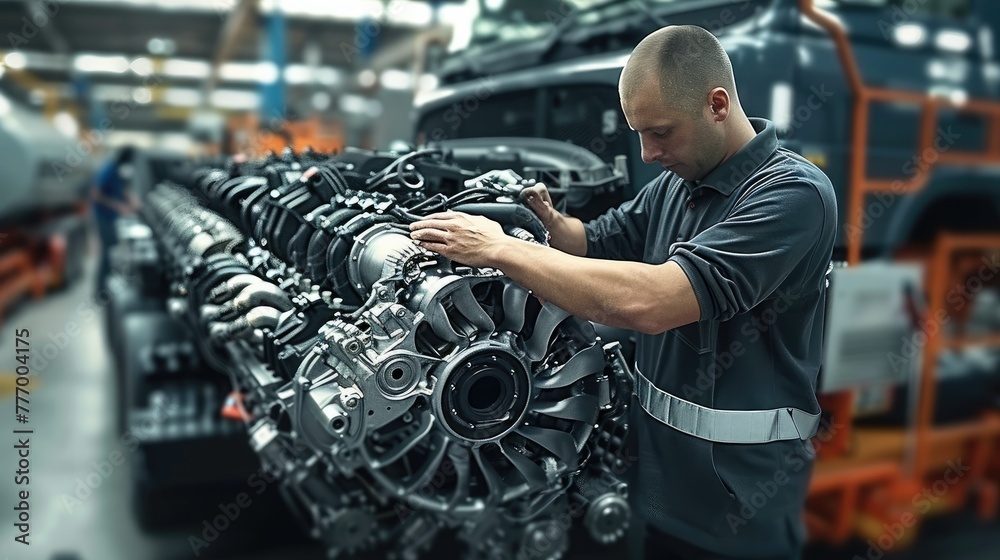 Poster Man fully Assembling truck engine at factory. Generative AI.