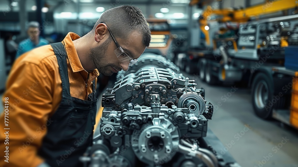 Aufkleber man fully assembling truck engine at factory. generative ai.