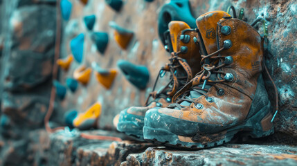 A pair of old, worn-out hiking boots resting on a rocky ledge with blurred climbing holds in the background - obrazy, fototapety, plakaty