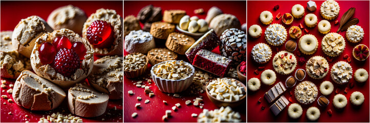 Crimson Red Velvet and Berry Cereal Confections: Freeze-Dried Desserts Situated on a Deep Red...