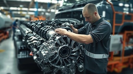 Man fully Assembling truck engine at factory. Generative AI.