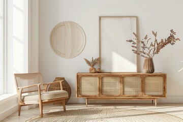 Bohemian style home decor featuring a rattan sideboard, neutral tones, textured decorations, and an empty picture frame for customizable art