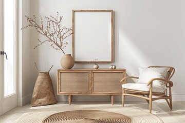 Bohemian style home decor featuring a rattan sideboard, neutral tones, textured decorations, and an empty picture frame for customizable art