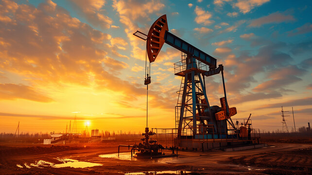 Crude oil pump jack at oilfield on sunset backround. Fossil crude output and fuels oil production. Oil drill rig and drilling derrick. Global crude oil Prices, energy, petroleum demand