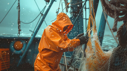 The hard work of a fisherman on a trawler in the sea. Senior fisherman in yellow clothes on fishing boat in the ocean - obrazy, fototapety, plakaty