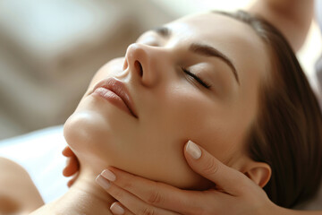 woman receiving a facial massage in a spa salon, closeup of her face and hands